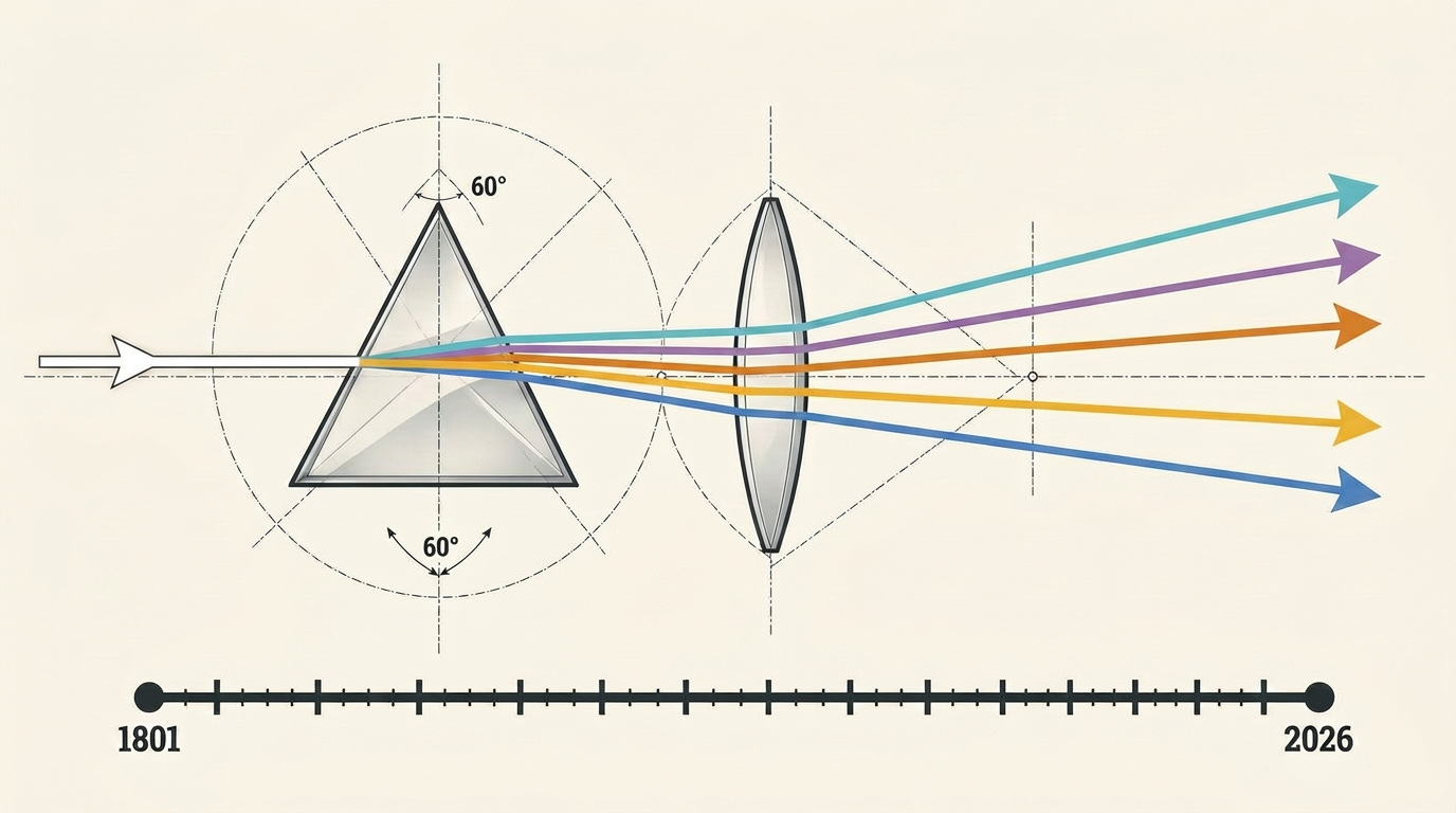 Weißes Licht durch Prisma und Linse, zerlegt in die fünf Domänen der Digitalen Farb-Optik — 225 Jahre Rathenower Optik, 1801 bis 2026